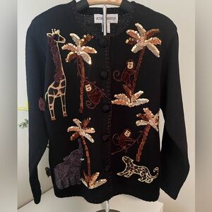 90s Victoria Harbour Safari Animal Cardigan Monkey Giraffe Sequin Embroidered  M